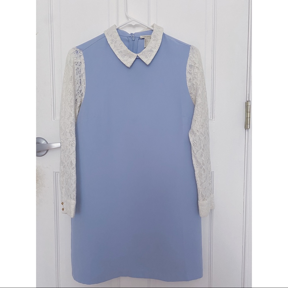 pastel blue collared dress with lace sleeves